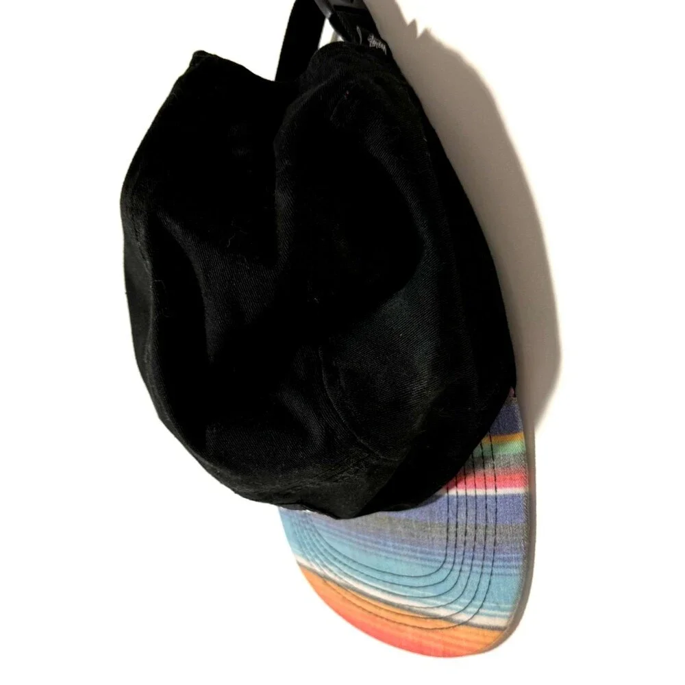 Stussy Strapback Hat Black Multicolor Stripe Brim Streetwear Cap